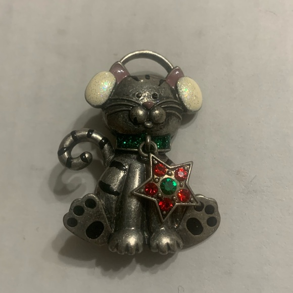 Kenneth Cole Pewter Christmas Kitty w/ rhinestone Star ⭐️ - Picture 1 of 5